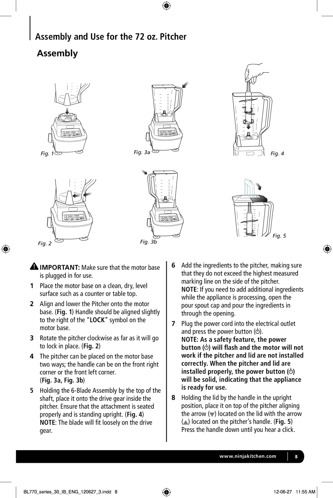 Euro-Pro BL770 manual Assembly and Use for the 72 oz. Pitcher 