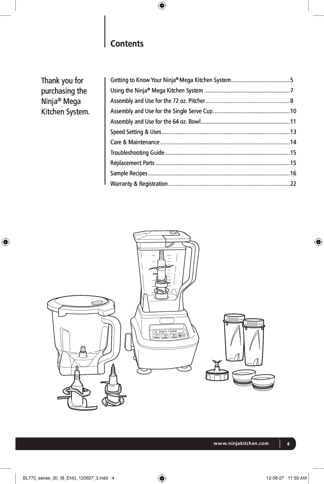 Euro-Pro BL770 manual Contents, Thank you for purchasing the Ninja Mega Kitchen System 