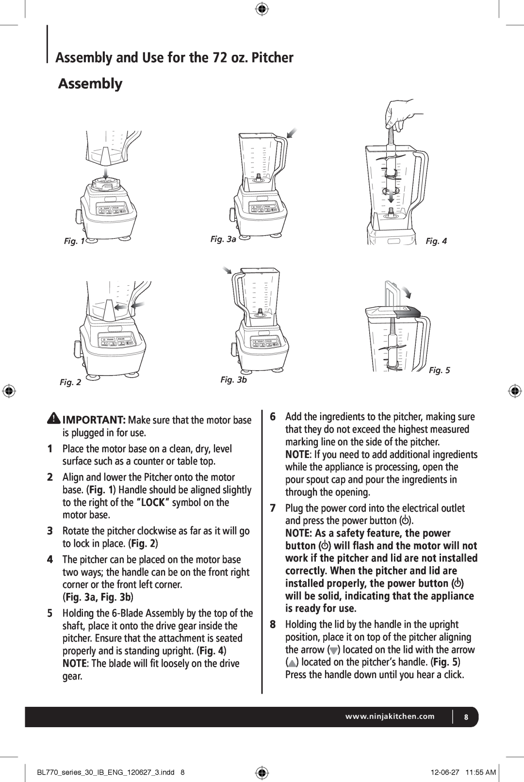 Euro-Pro BL770 manual Assembly and Use for the 72 oz. Pitcher Assembly, a, b 