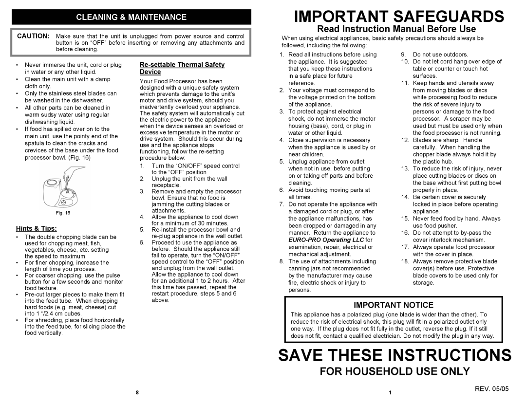 Euro-Pro BP101H3 owner manual Cleaning & Maintenance, Hints & Tips, Re-settable Thermal Safety Device, REV /05 