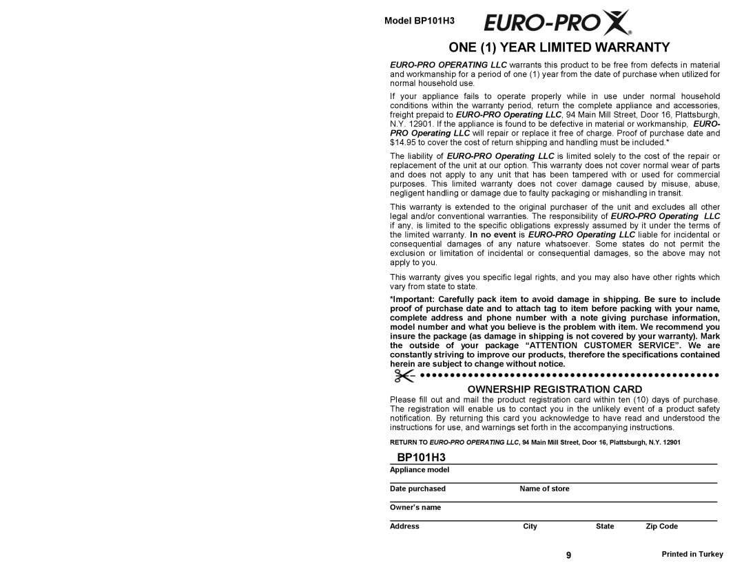 Euro-Pro owner manual Model BP101H3, ONE 1 YEAR LIMITED WARRANTY, Ownership Registration Card 