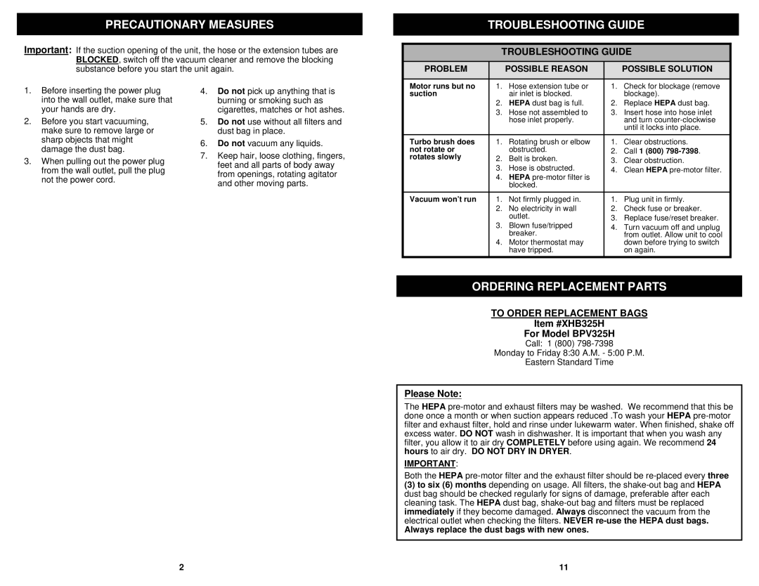 Euro-Pro BPV325H Precautionary Measures, Troubleshooting Guide, Ordering Replacement Parts, To Order Replacement Bags 