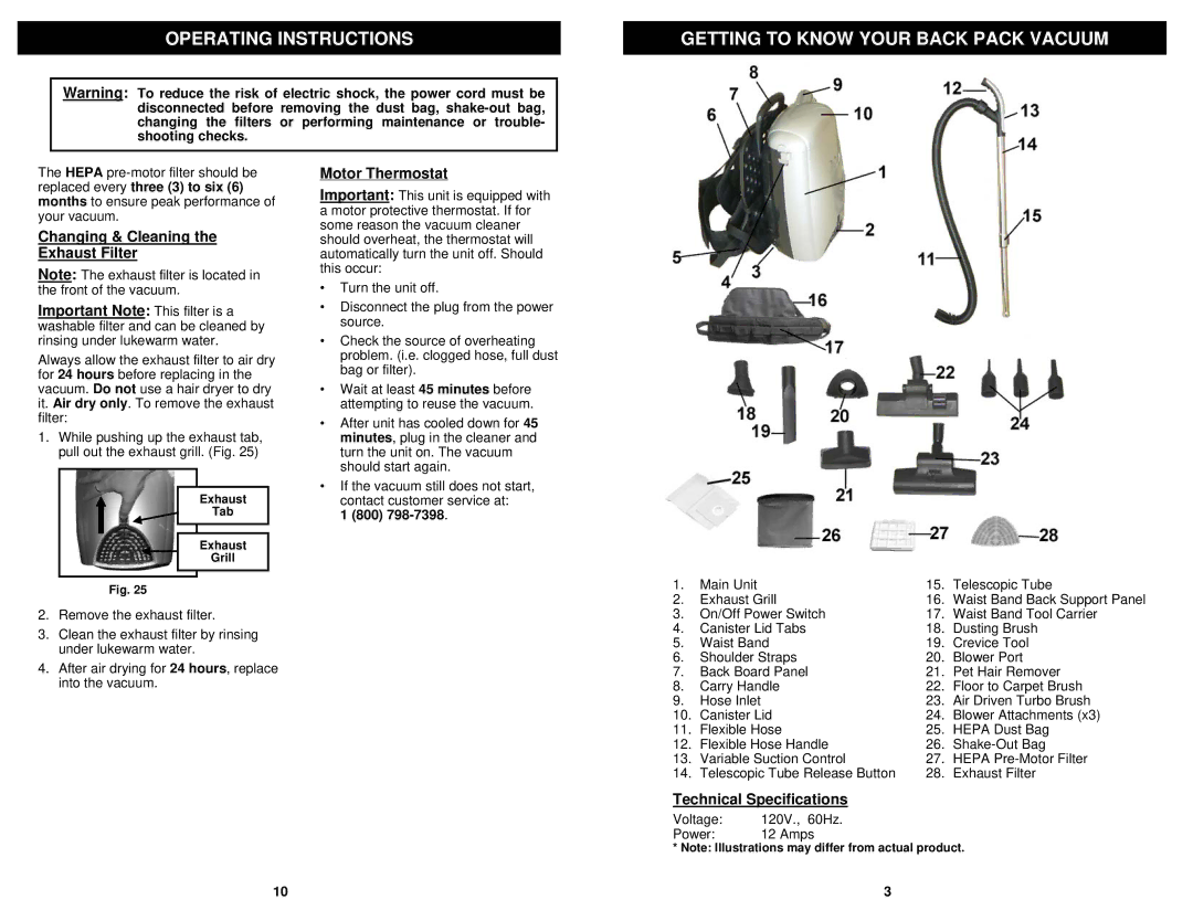 Euro-Pro BPV325H owner manual Changing & Cleaning the Exhaust Filter, Motor Thermostat, Technical Specifications, 800 