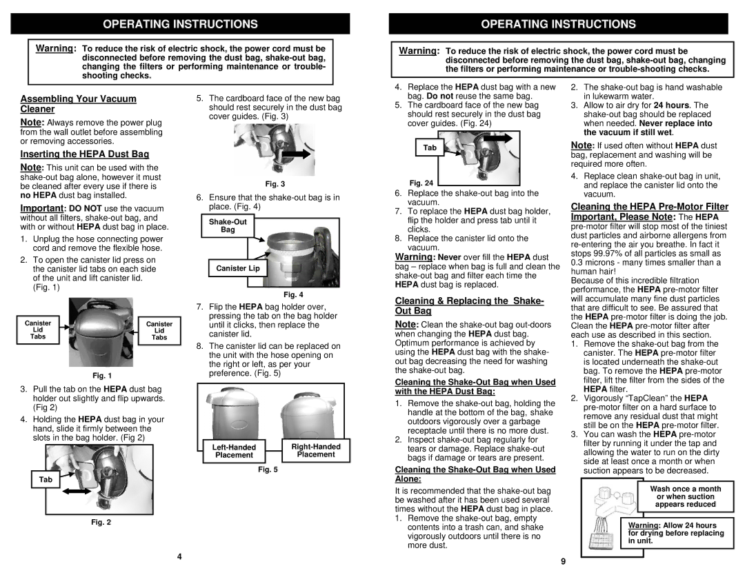 Euro-Pro BPV325H owner manual Operating Instructions, Assembling Your Vacuum Cleaner Inserting the Hepa Dust Bag, Out Bag 