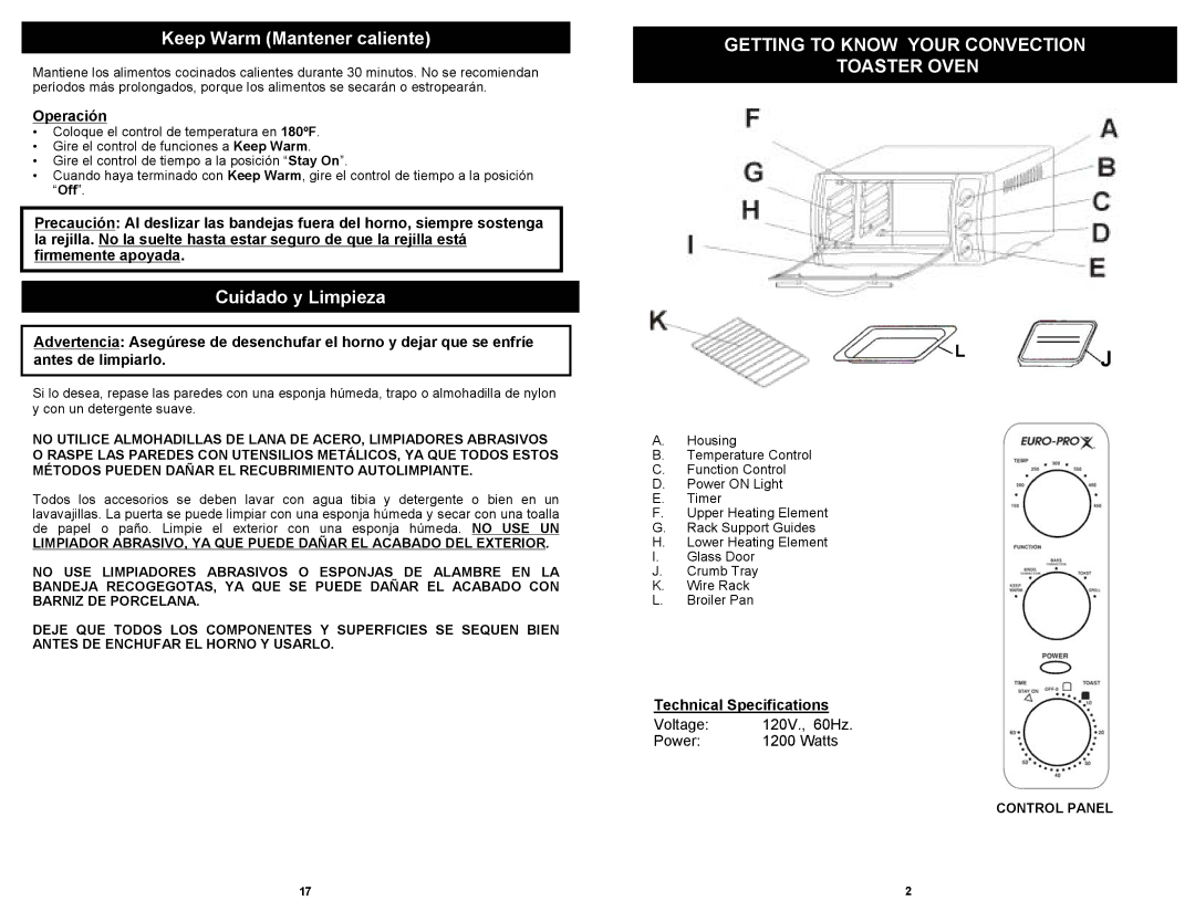 Euro-Pro CONVECTION TOASTER OVEN Keep Warm Mantener caliente, Cuidado y Limpieza, Operación, Technical Specifications 