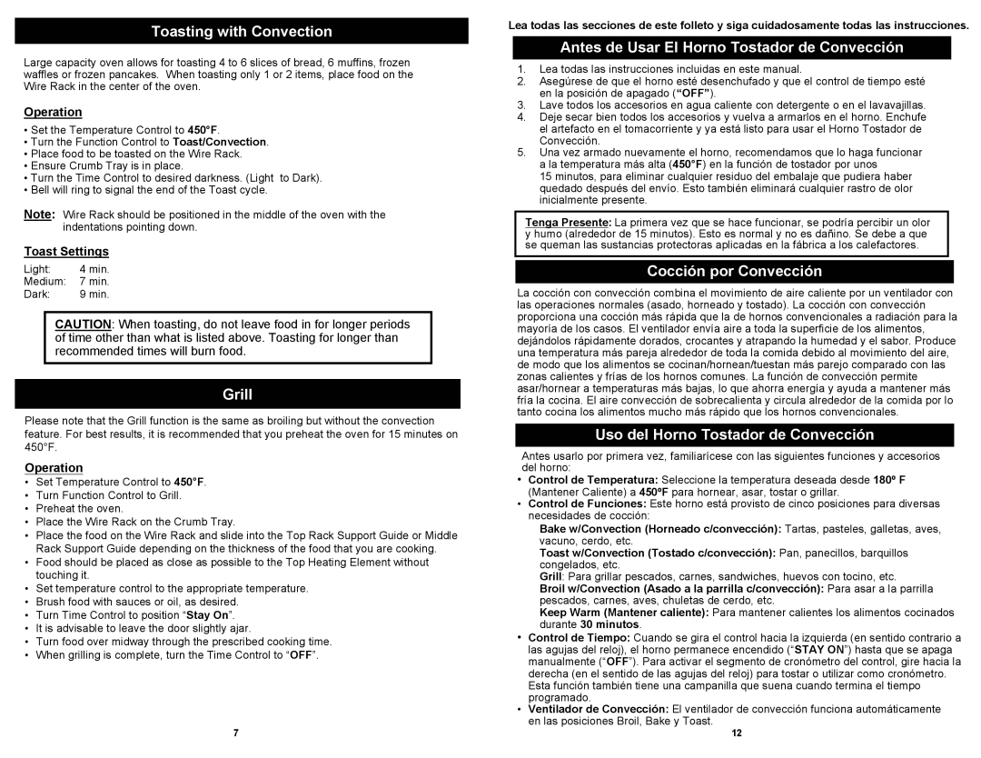 Euro-Pro CONVECTION TOASTER OVEN Toasting with Convection, Antes de Usar El Horno Tostador de Convección, Toast Settings 