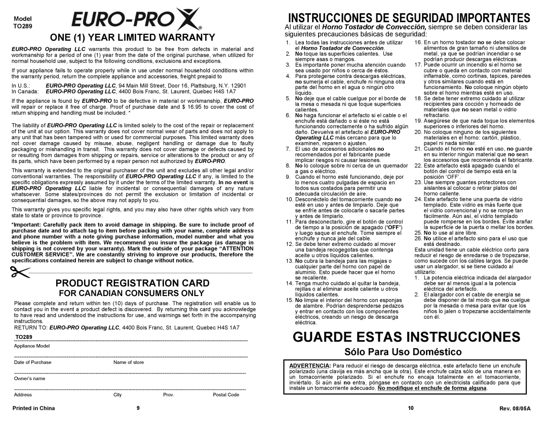 Euro-Pro CONVECTION TOASTER OVEN owner manual Guarde Estas Instrucciones, Instrucciones De Seguridad Importantes, TO289 