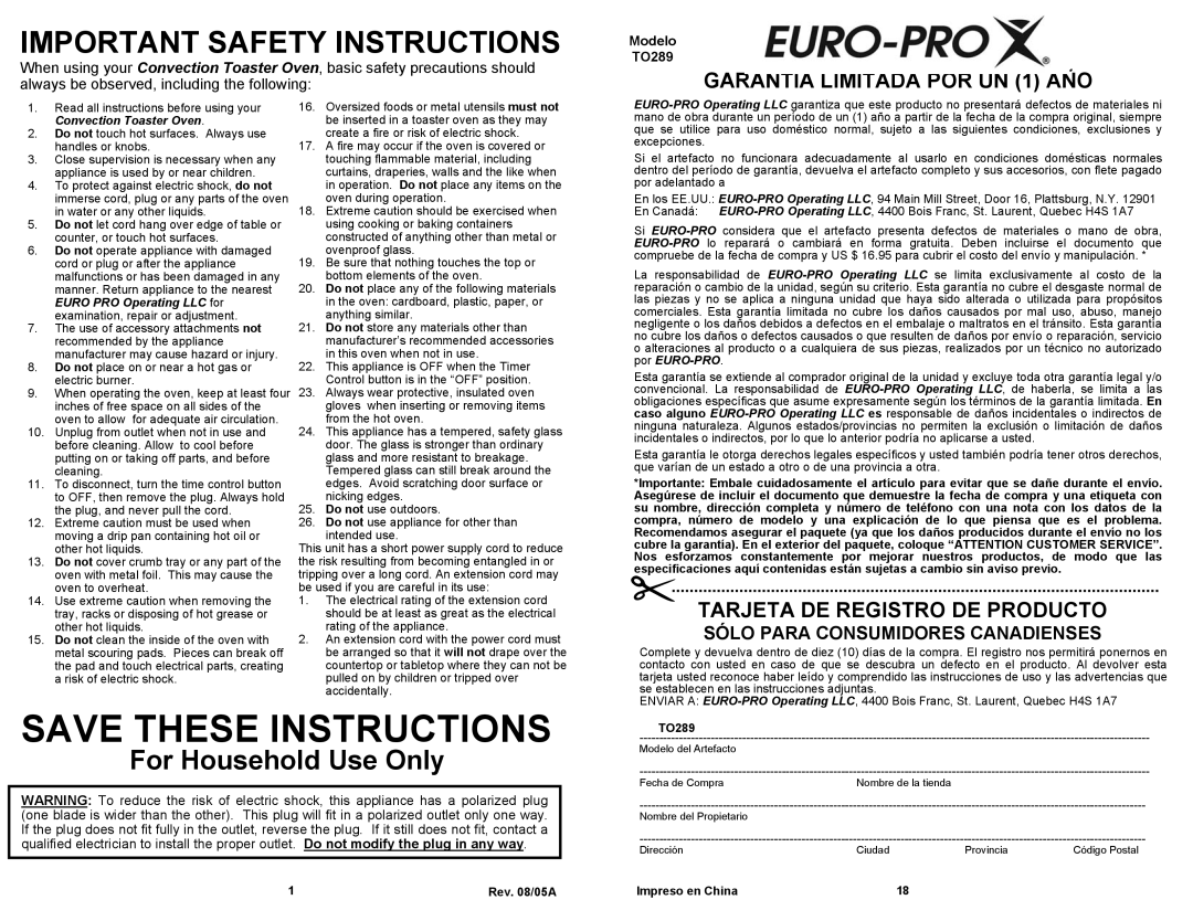 Euro-Pro CONVECTION TOASTER OVEN Important Safety Instructions, For Household Use Only, GARANTÍA LIMITADA POR UN 1 AÑO 