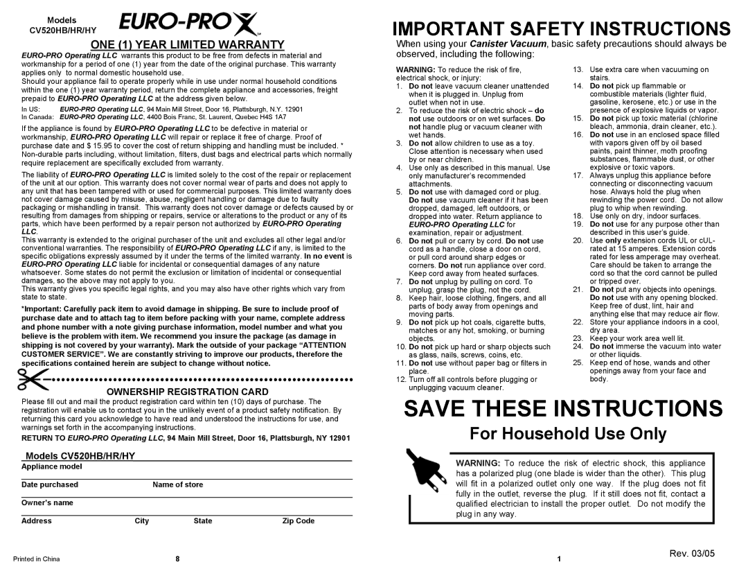 Euro-Pro CV520HY, CV520HR owner manual Ownership Registration Card, Models CV520HB/HR/HY, Rev /05 