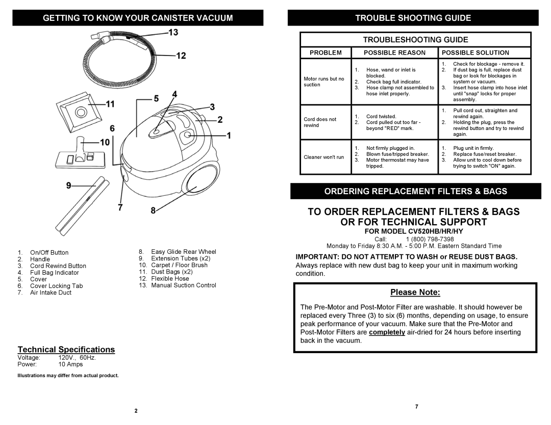 Euro-Pro CV520HR, CV520HY owner manual Technical Specifications, Please Note, For Model CV520HB/HR/HY 