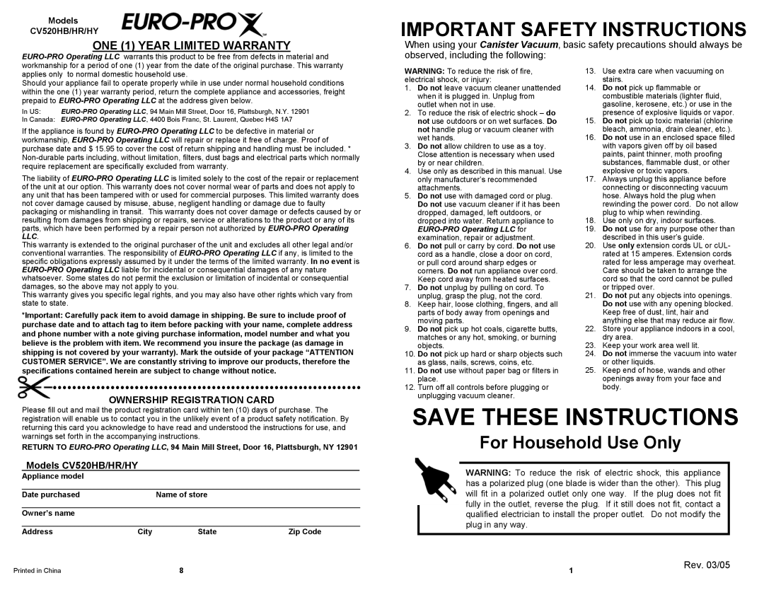 Euro-Pro CV520HY ONE 1 YEAR LIMITED WARRANTY, Save These Instructions, Important Safety Instructions, Models CV520HB/HR/HY 