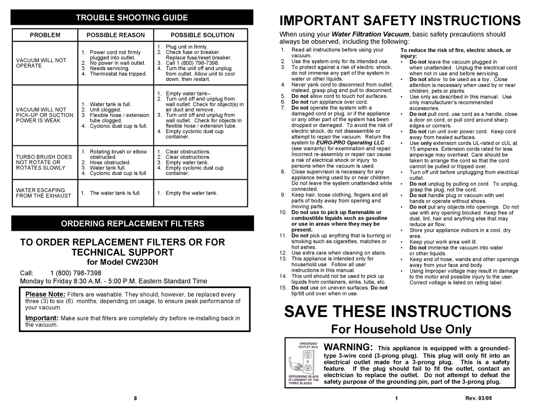 Euro-Pro CW230H owner manual For Household Use Only, To Order Replacement Filters or for Technical Support 