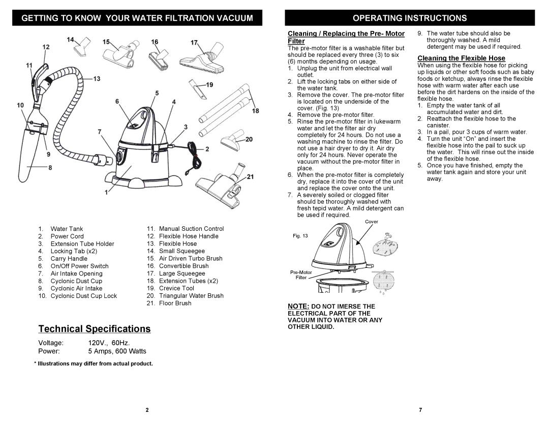 Euro-Pro CW230H Cleaning / Replacing the Pre- Motor Filter, Cleaning the Flexible Hose, Water Tank, Floor Brush 