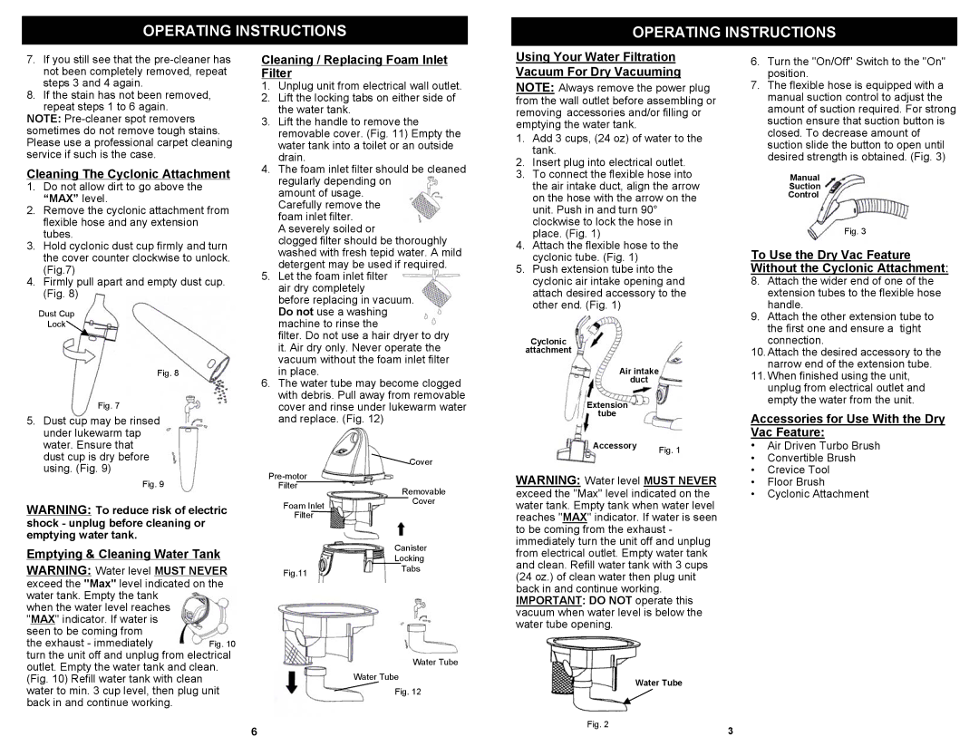 Euro-Pro CW230H owner manual Cleaning The Cyclonic Attachment, Cleaning / Replacing Foam Inlet Filter 