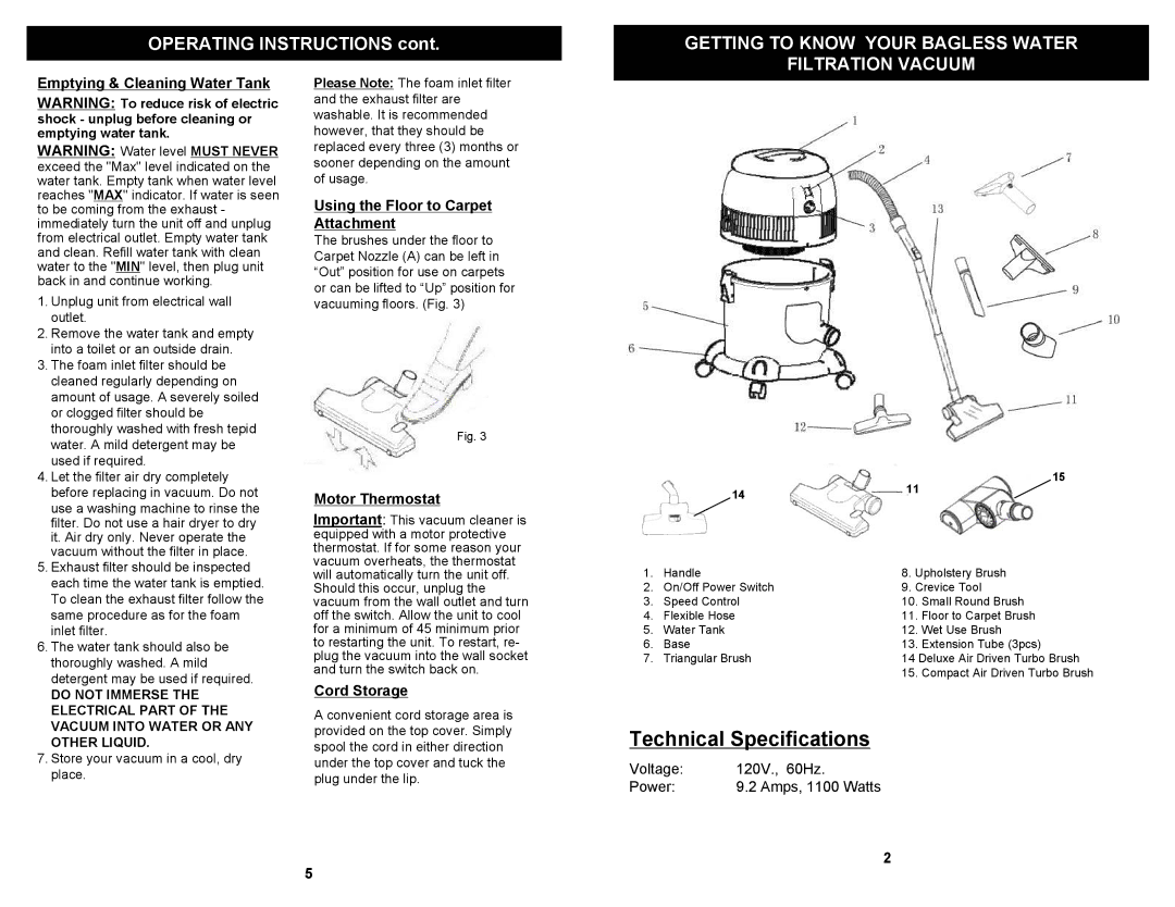 Euro-Pro CW240 Technical Specifications, Getting to Know Your Bagless Water Filtration Vacuum, Motor Thermostat 