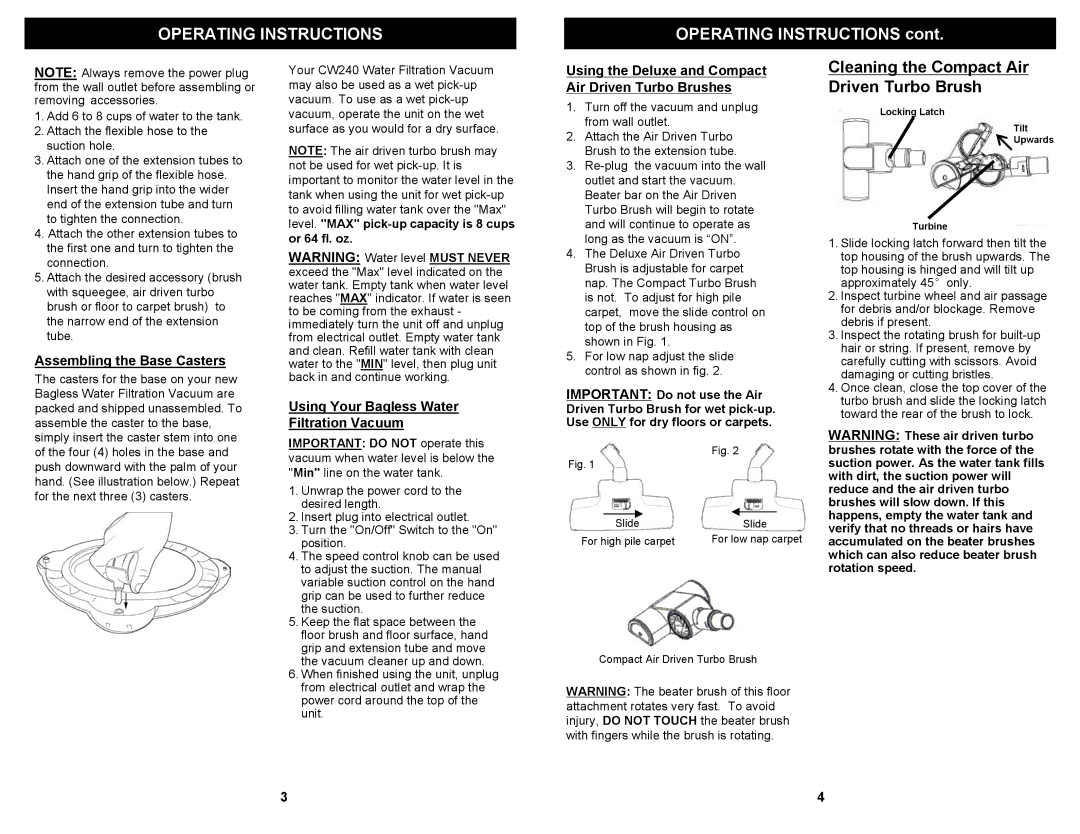 Euro-Pro CW240 owner manual Operating Instructions, Assembling the Base Casters, Using Your Bagless Water Filtration Vacuum 