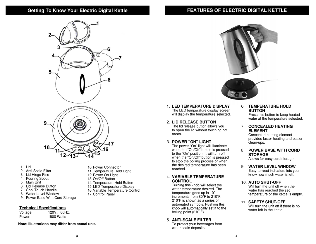 Euro-Pro EK119H owner manual Features of Electric Digital Kettle, Power on Light 