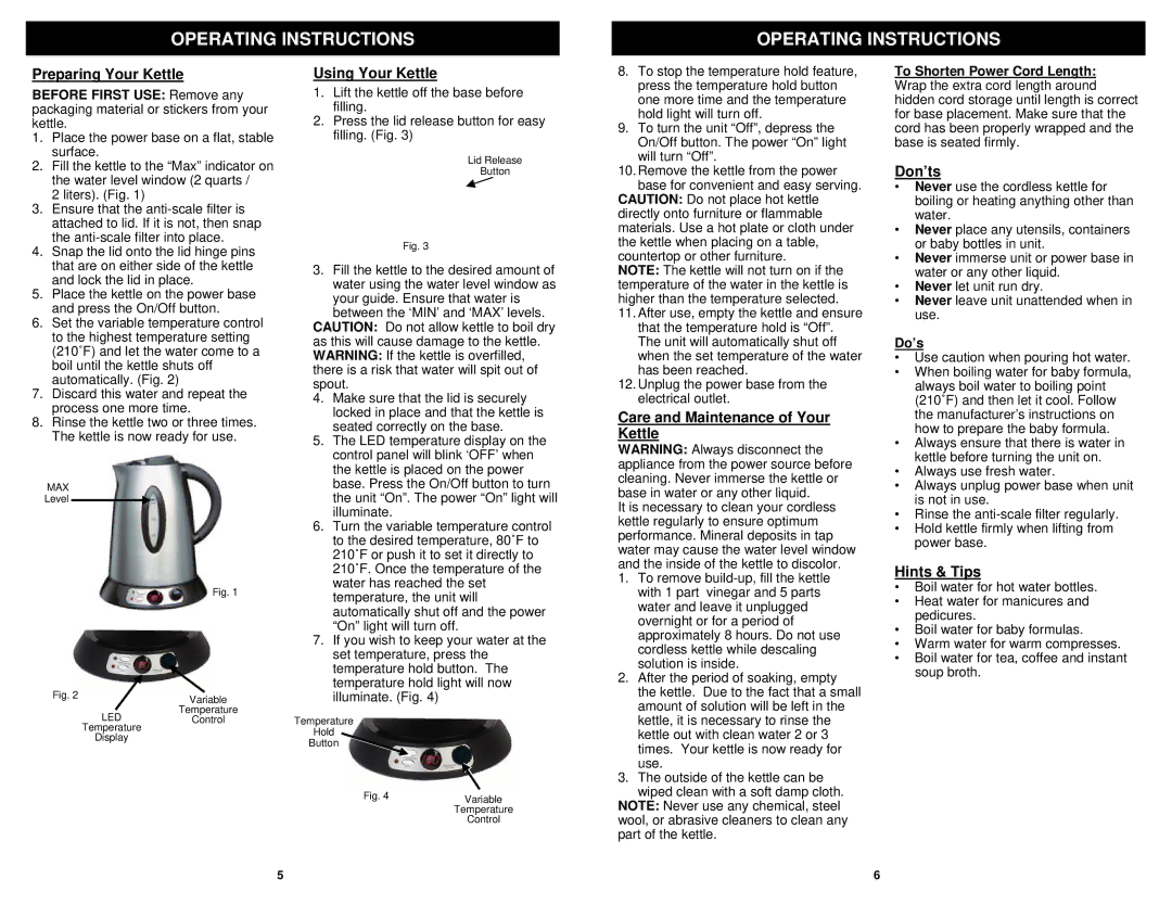 Euro-Pro EK119H owner manual Operating Instructions, Do’s 