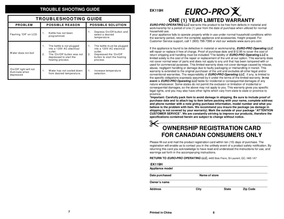 Euro-Pro EK119H owner manual Trouble Shooting Guide, Troubleshooting Guide 