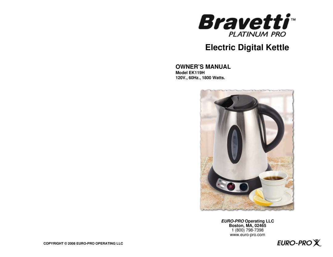 Euro-Pro EK119H owner manual Electric Digital Kettle 