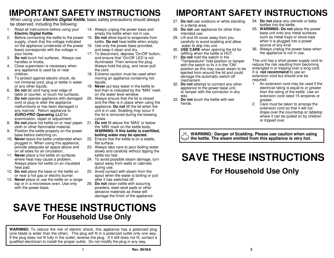 Euro-Pro EK119H Important Safety Instructions, Save These Instructions, For Household Use Only, EURO-PROOperating LLC for 