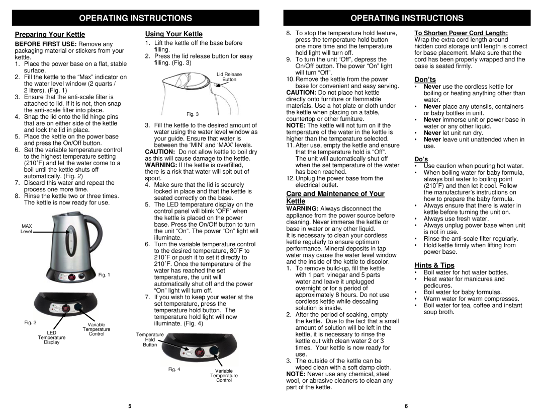 Euro-Pro EK119H Operating Instructions, Preparing Your Kettle, Using Your Kettle, Care and Maintenance of Your Kettle 