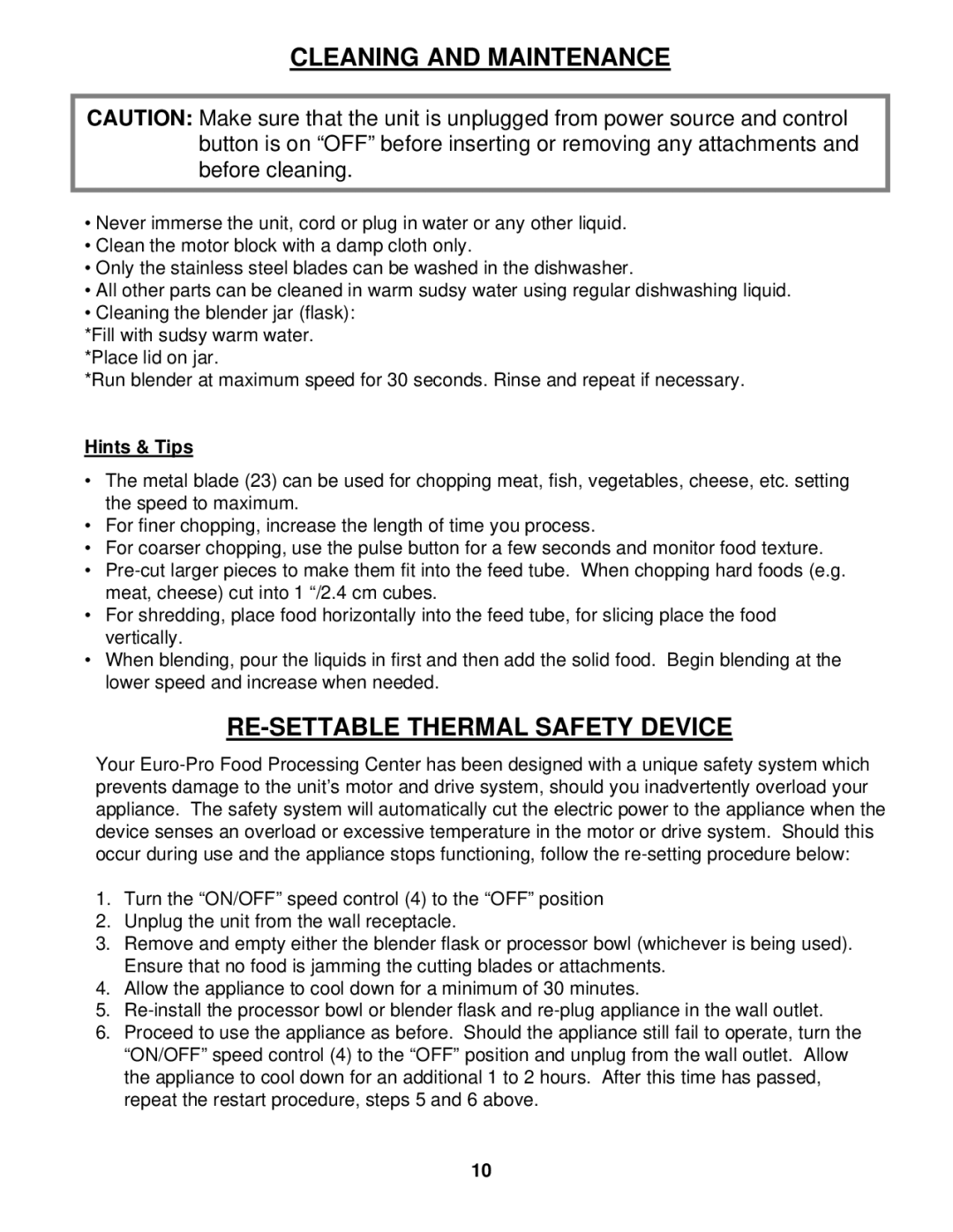 Euro-Pro EKP110 instruction manual Cleaning and Maintenance, RE-SETTABLE Thermal Safety Device, Hints & Tips 