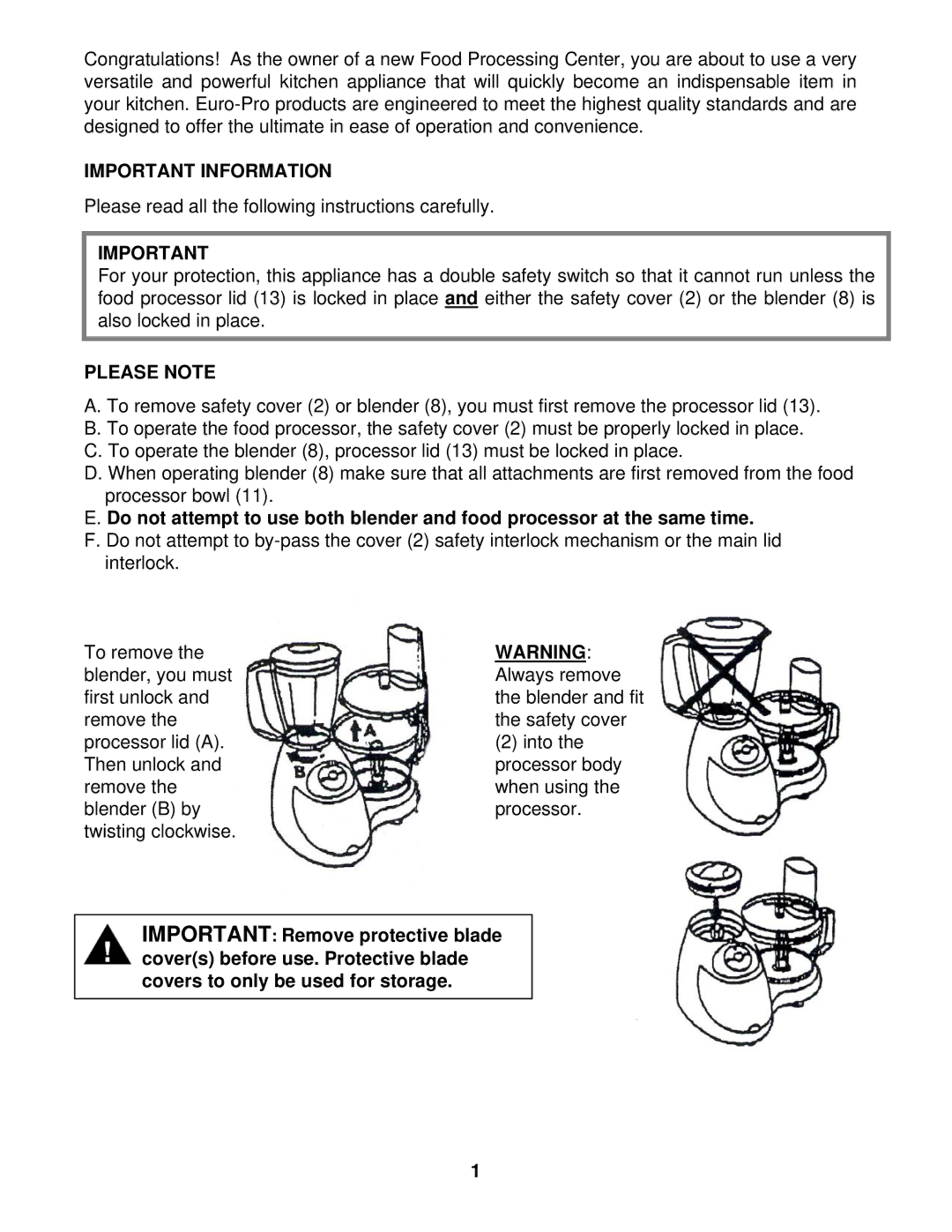 Euro-Pro EKP110 instruction manual Important Information 