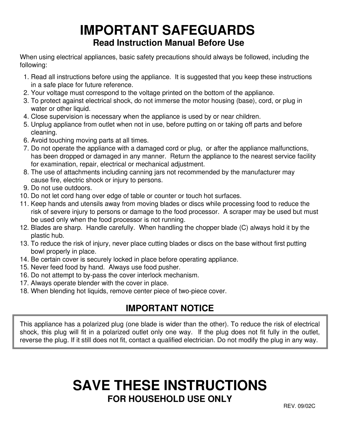 Euro-Pro EKP110 instruction manual Important Notice, For Household Use Only, Save These Instructions, Important Safeguards 