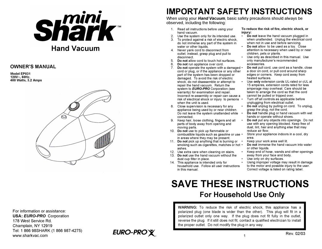 Euro-Pro EP031 important safety instructions Important Safety Instructions 