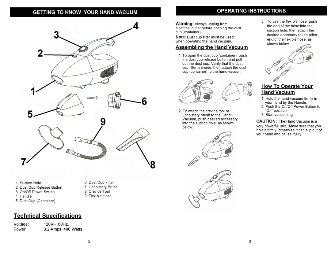 Euro-Pro EP031 Getting to Know Your Hand Vacuum Operating Instructions, Assembling the Hand Vacuum 