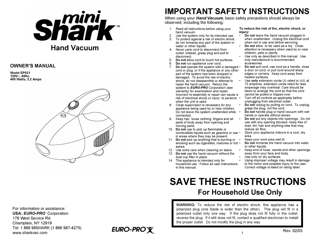 Euro-Pro EP031 important safety instructions Owner’S Manual, Save These Instructions, Important Safety Instructions 