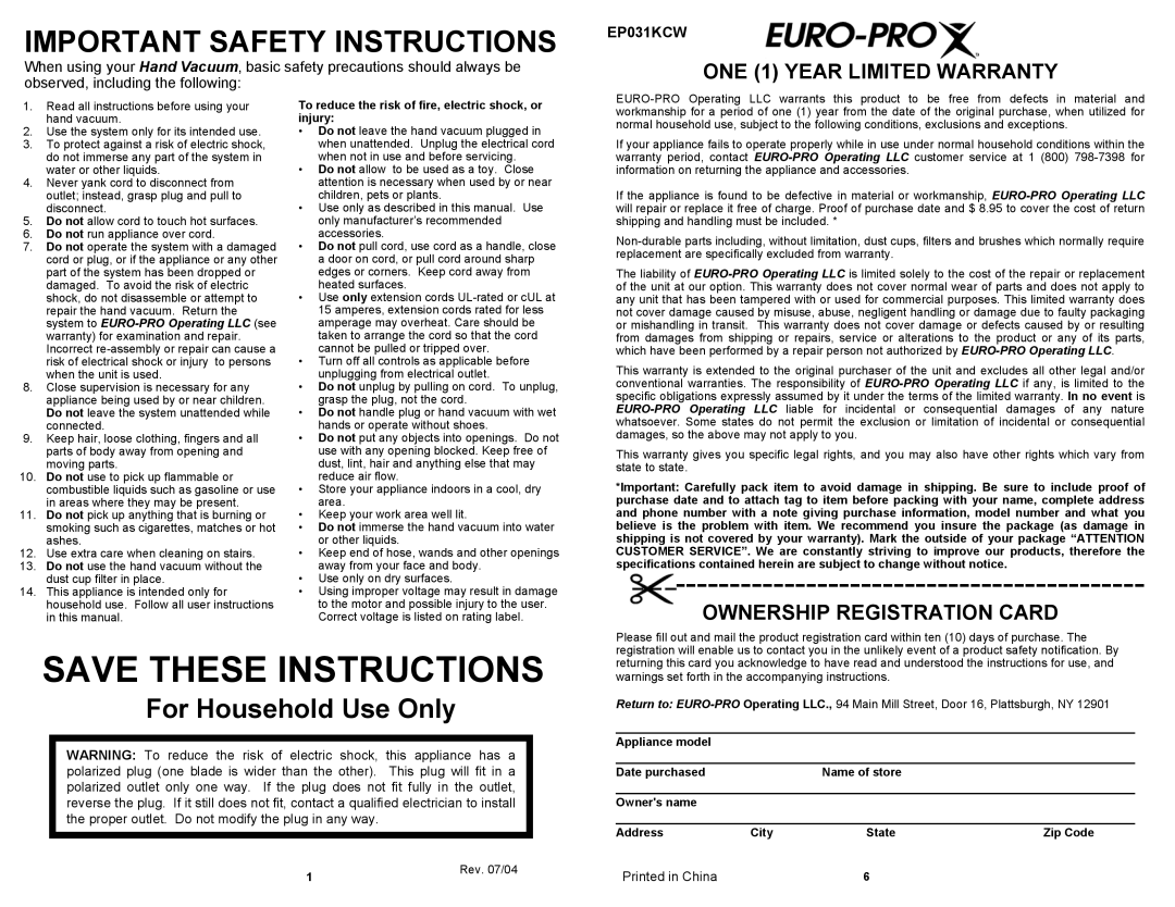 Euro-Pro EP031KCW owner manual Important Safety Instructions, For Household Use Only 