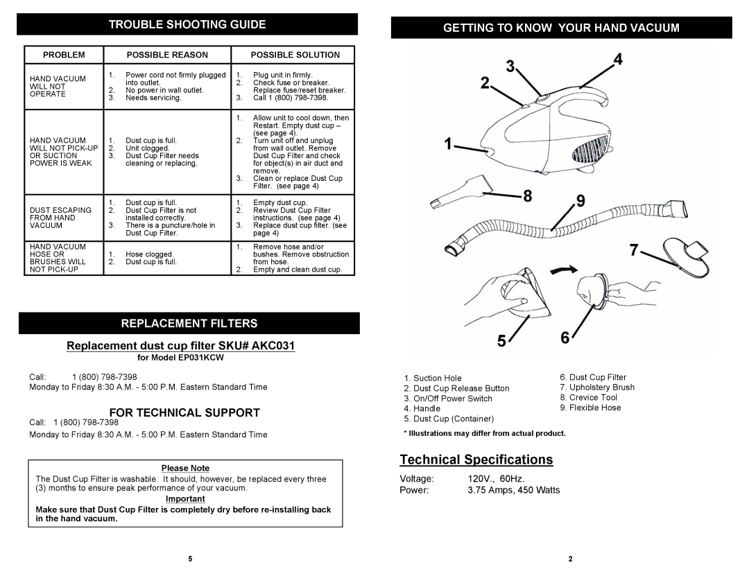 Euro-Pro EP031KCW owner manual Trouble Shooting Guide, Replacement Filters, Getting to Know Your Hand Vacuum 