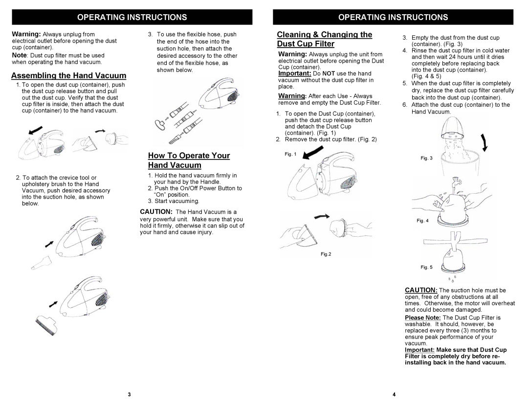 Euro-Pro EP031KCW owner manual Operating Instructions, Assembling the Hand Vacuum 