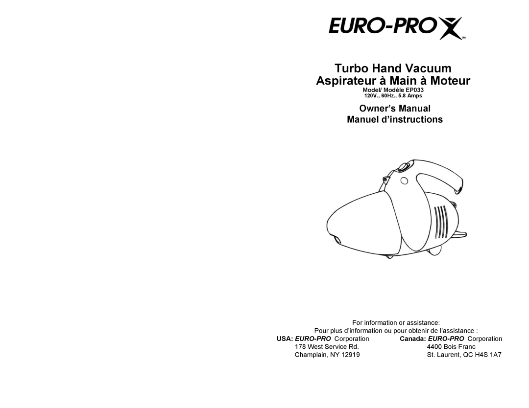 Euro-Pro EP033 owner manual Turbo Hand Vacuum Aspirateur à Main à Moteur, Manuel d’instructions 