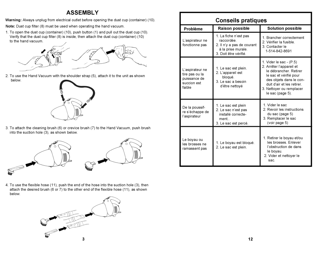 Euro-Pro EP033 owner manual Assembly, Conseils pratiques, Problème Raison possible Solution possible 