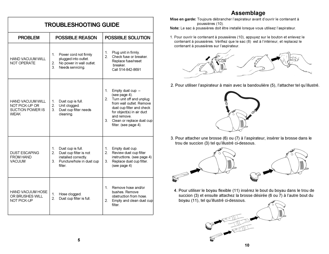 Euro-Pro EP033 owner manual Troubleshooting Guide, Assemblage 