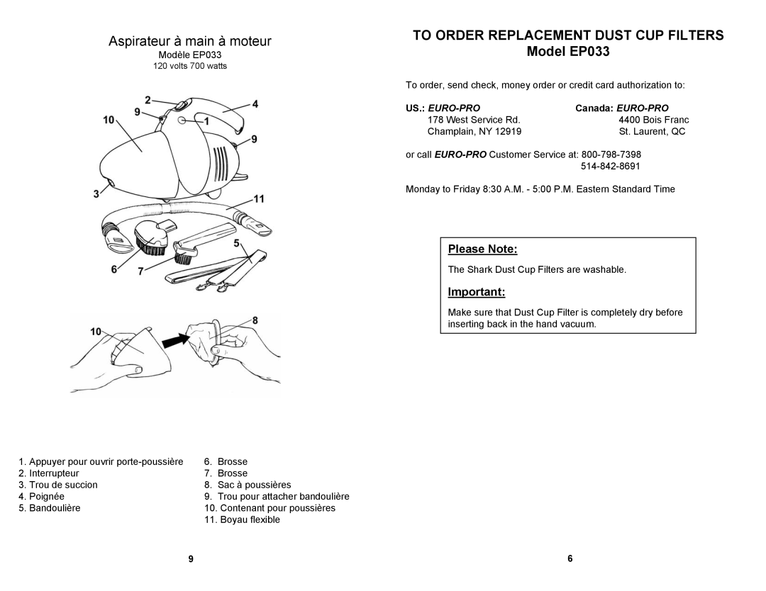 Euro-Pro owner manual To Order Replacement Dust CUP Filters, Model EP033, Please Note, Canada EURO-PRO 