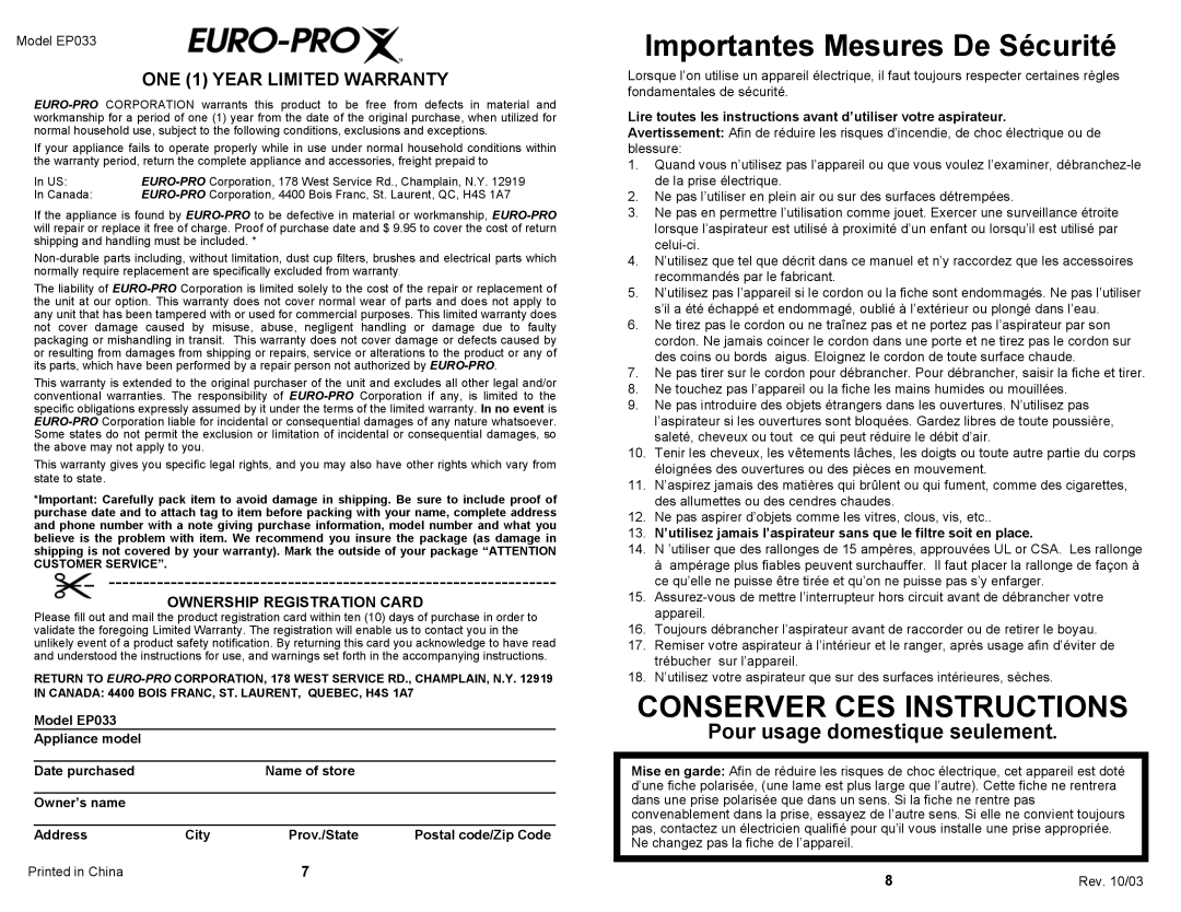 Euro-Pro EP033 owner manual Pour usage domestique seulement, Ownership Registration Card 