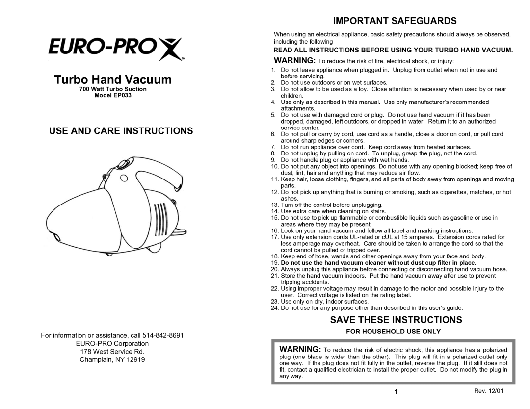 Euro-Pro EP033 manual USE and Care Instructions, Important Safeguards, For Household USE only 