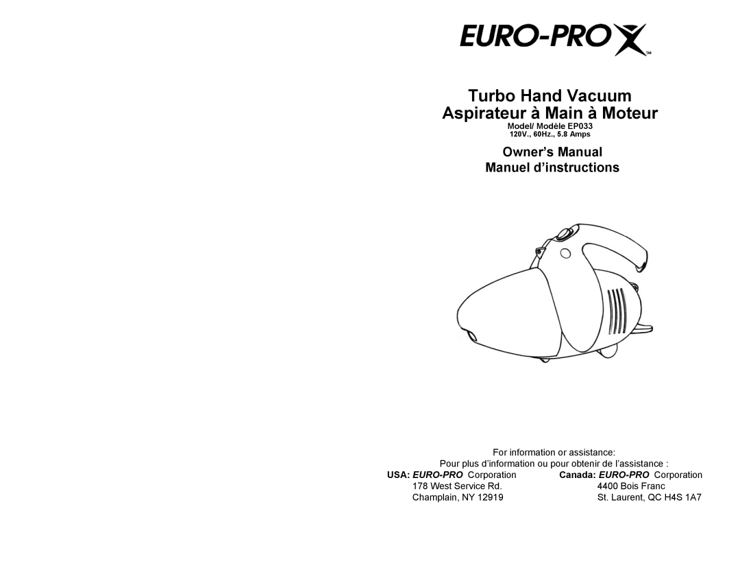 Euro-Pro EP033 manual Use And Care Instructions, Important Safeguards, Save These Instructions, For Household Use Only 