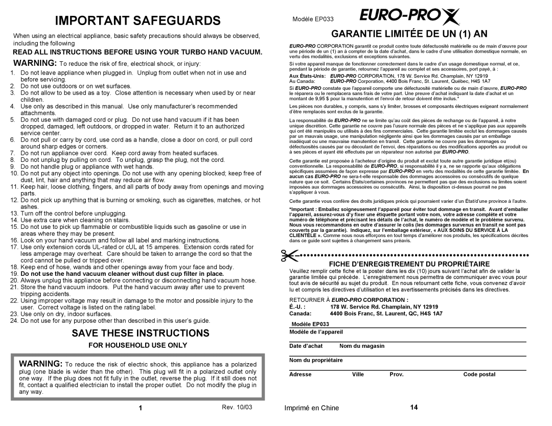 Euro-Pro EP033 Important Safeguards, Save These Instructions, GARANTIE LIMITÉE DE UN 1 AN, For Household Use Only 