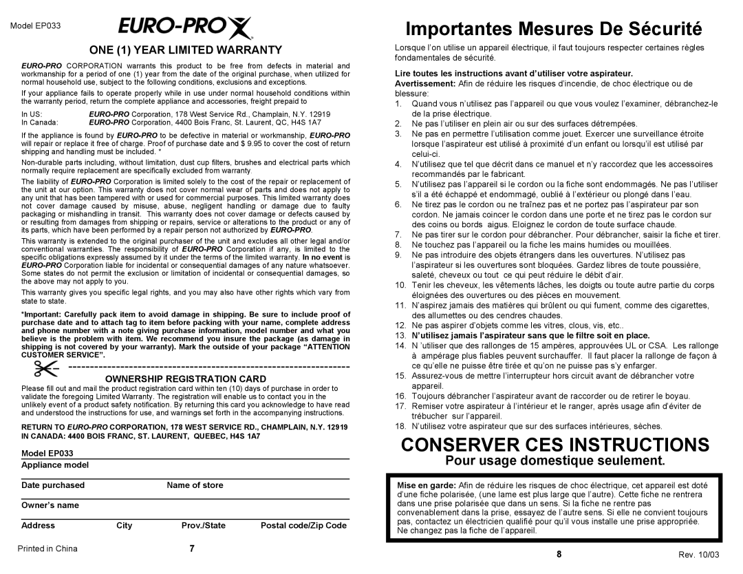 Euro-Pro EP033 owner manual Pour usage domestique seulement, ONE 1 YEAR LIMITED WARRANTY, Ownership Registration Card 