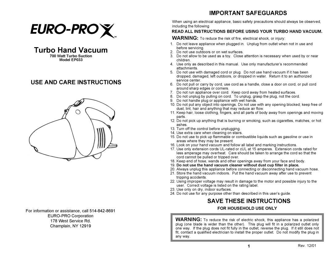 Euro-Pro EP033 owner manual Turbo Hand Vacuum Aspirateur à Main à Moteur, Owner’s Manual Manuel d’instructions, Bois Franc 