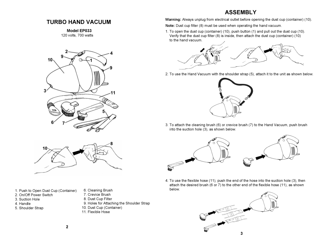Euro-Pro manual Turbo Hand Vacuum, Assembly, Model EP033 