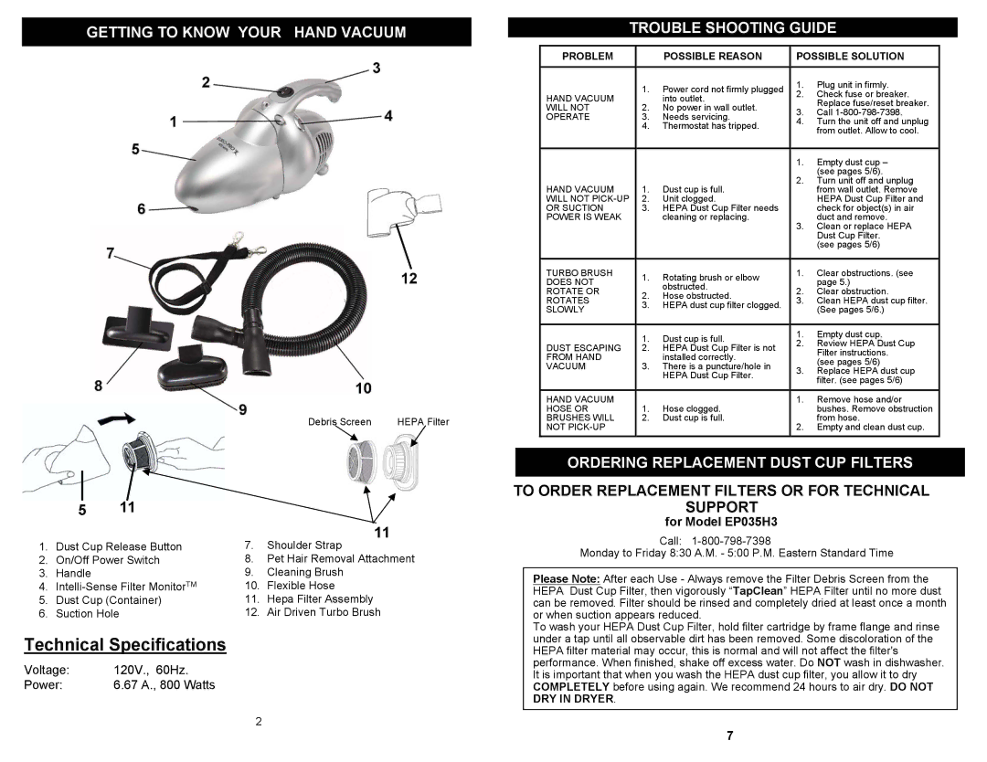 Euro-Pro EP035H3 Getting to Know Your Hand Vacuum, Trouble Shooting Guide, Ordering Replacement Dust CUP Filters 