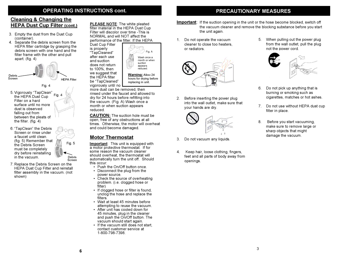 Euro-Pro EP035H3 owner manual Precautionary Measures, Cleaning & Changing the Hepa Dust Cup Filter, Motor Thermostat 