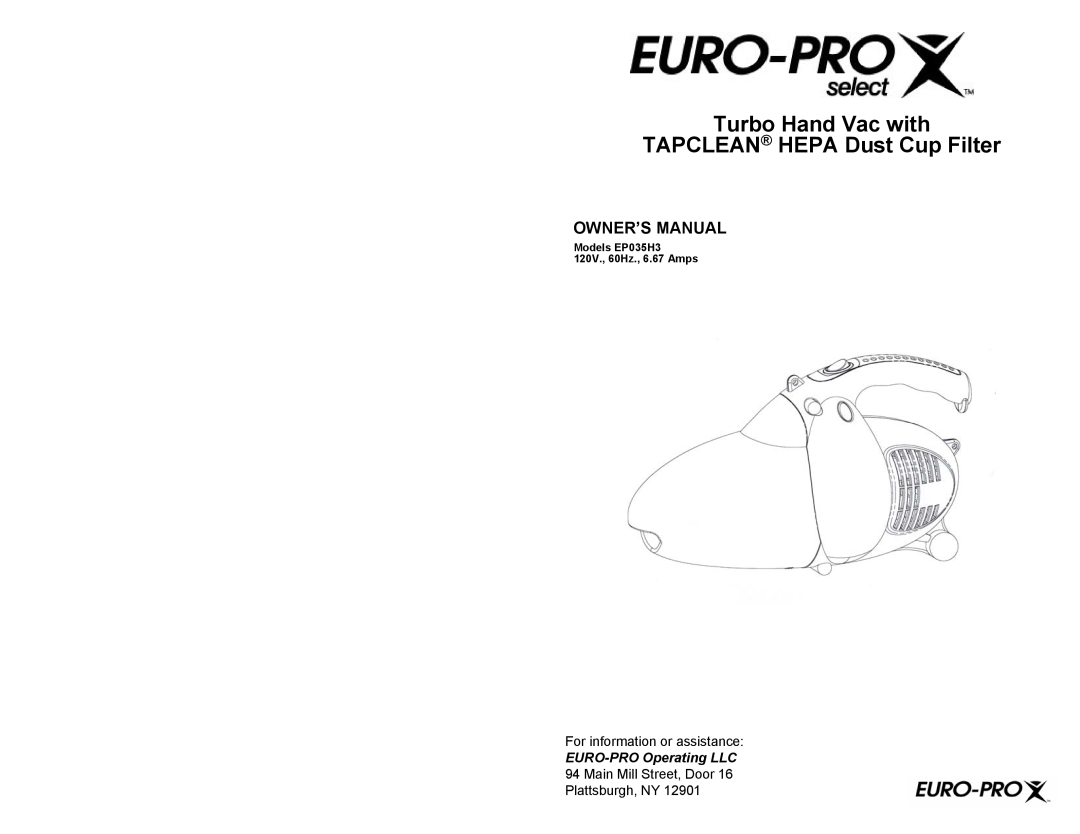 Euro-Pro EP035H3 owner manual Turbo Hand Vac with TAPCLEAN HEPA Dust Cup Filter, Owner’S Manual 