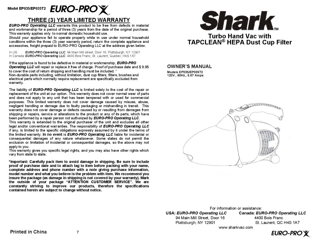 Euro-Pro EP035T2 owner manual Turbo Hand Vac with Tapclean Hepa Dust Cup Filter 